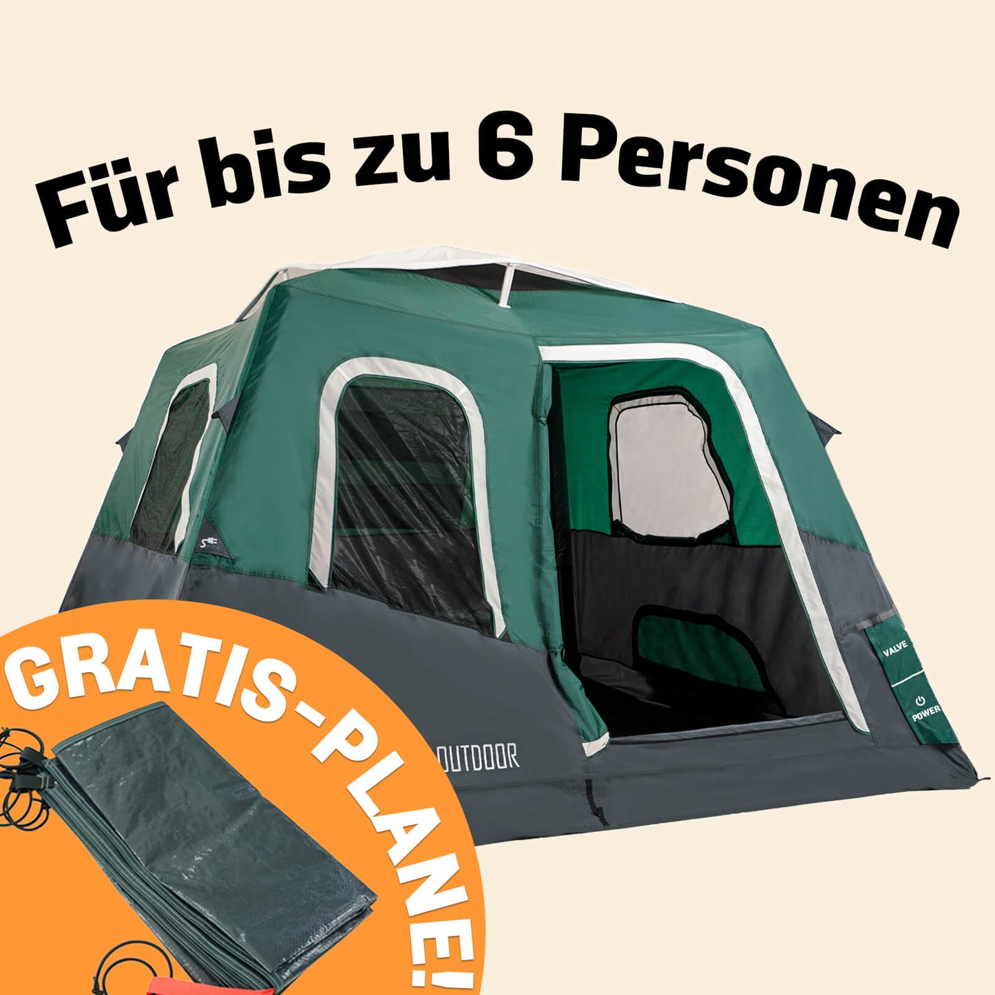 Großes 2-Schritt-Kabinenzelt + KOSTENLOSE Camping-Plane (für bis zu 6 Personen, DE).